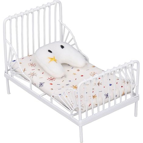 Ensemble de lit miniature pour maison de poupée à l'échelle 1:12, avec oreiller décoratif et cadre en métal. Motif étoiles blanches. (1/5)