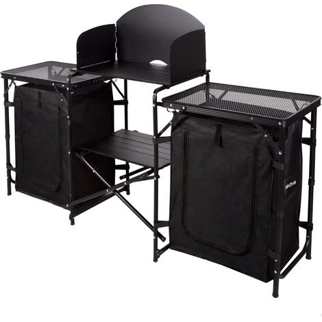Kit de cuisine de camping, 175 x 48 x 110 cm, noir, pare-vent en métal, placards en polyester, structure en acier, supporte 30 kg, sac de transport, table de pique-nique pliante (63174) (1/5)