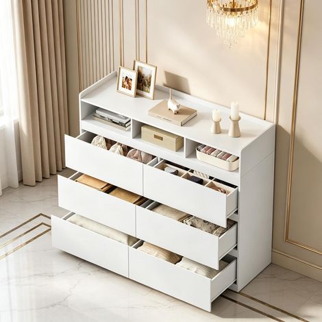 Commode de rangement moderne - Blanc - Bois - 120x40x100 cm - 6 tiroirs - 3 compartiments ouverts (1/5)