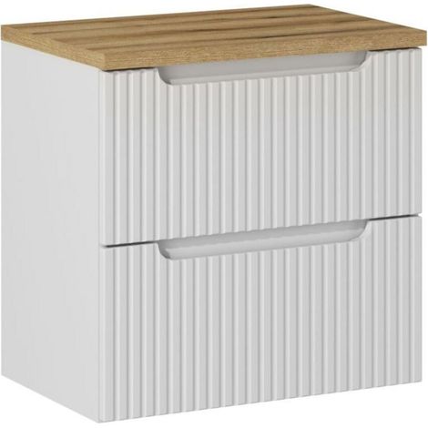 Schwebendes Badezimmer-Set VANO weiß 60cm: Unterschrank mit Schubladen + Waschtischplatte in heller Eichenoptik