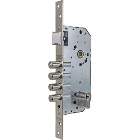 Serrure de sécurité monopoint, axe 50 mm, finition inox, pênes 14 mm, pour portes bois (1/4)
