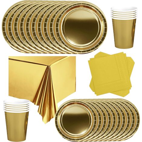 69 x Gold Disposable Birthday Tableware, Paper Plates, Cups Napkins for Christmas Parties, Children's Tableware, Barbecue Parties, Picnics (16 Guests) (1/2)