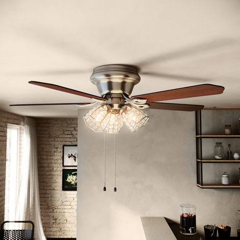 SONNI Ventilador de Techo con Luz Cristal E27/E26 y Tirador de Cadena,4 Aspas Reversibles,Bronce y Madera Oscura 3 Velocidades 122cm (1/5)
