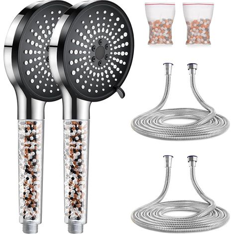Lot de 2 pommeaux de douche haute pression à 5 types de jet avec filtre, tuyau de 1,5 à 2 m, embellit la peau et économise l'eau, avec pierres filtrantes minérales (2, noir) (1/5)