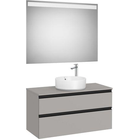 Pack meuble "The gap" 1000 pour vasque à poser - 2 tiroirs + plan + miroir LED - gris moyen mat/poignées noires - Roca (1/2)