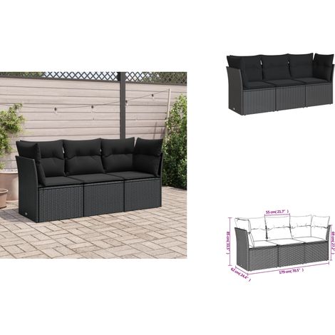 3-tlg. Garten-Sofagarnitur mit Kissen Schwarz Poly Rattan - Gartensorte - Esszimmergarnituren - Lounge Möbel - Outdoor Sofa - Gartenmöbel Set (1/3)
