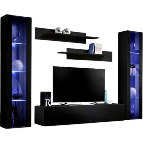 Wandkomposition FLY A2 – Hochglanz Schwarz mit LED – Hängendes TV-Möbel mit Säulen und Regalen – Modernes Design