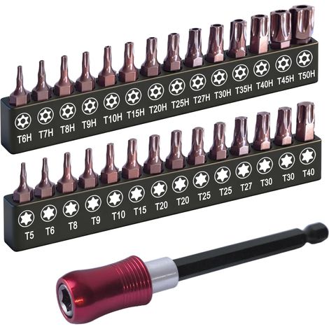 Jeu d'embouts Torx 28 + 1 pièce (T5-T50), tige hexagonale de 6,35 mm en acier S2, ensemble d'embouts magnétiques inviolables avec porte-embout de 10,2 cm de long et boîte de rangement (1/5)