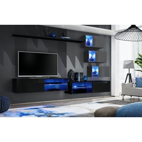 Ensemble meuble TV mural Switch XXIV - L 260 x P 40 x H 170 cm - Noir et gris - Livraison gratuite