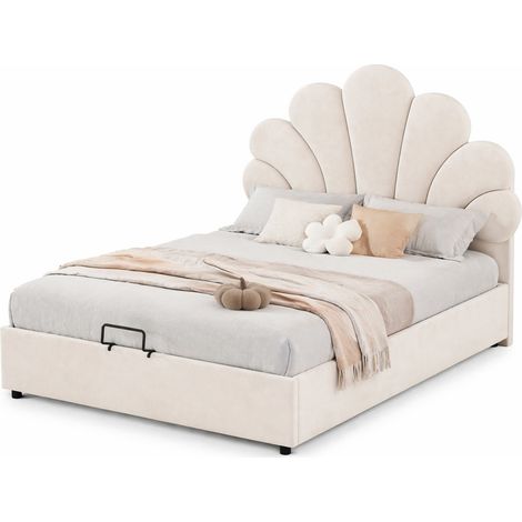 Letto Contenitore 90 x 200 cm, Letto Singolo con Testiera Regolabile e Vano Idraulico, senza Materasso, Beige (1/5)