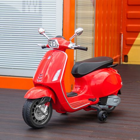Elektromotorrad für Kinder ab 3 Jahren mit Vespa-Führerschein, USB-MP3-Player, LED-Licht, FM-Radio, Geschwindigkeit 3 km/h, Tragfähigkeit 35 kg, Rot