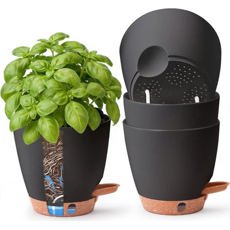 4er Set Selbstbewässernder Kräutertopf 15cm für Fensterbank & Küche Schwarz (1/5)