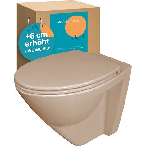 Calmwaters® Erhöhtes Wand WC spülrandlos Modern Plus mit Toilettendeckel, +6 cm Erhöhung, erhöhte Toilette inkl. abnehmbarem WC Sitz mit Absenkautomatik und Fast-Fix, Komfort Tiefspüler, Bahamabeige (1/5)