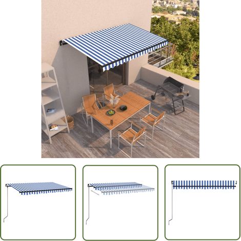 The Living Store Auvent manuel rétractable 450x350 cm Bleu et blanc - Auvent Pliable - Store Extérieur - Parasol - Abri Solaire - Terrasse (1/5)