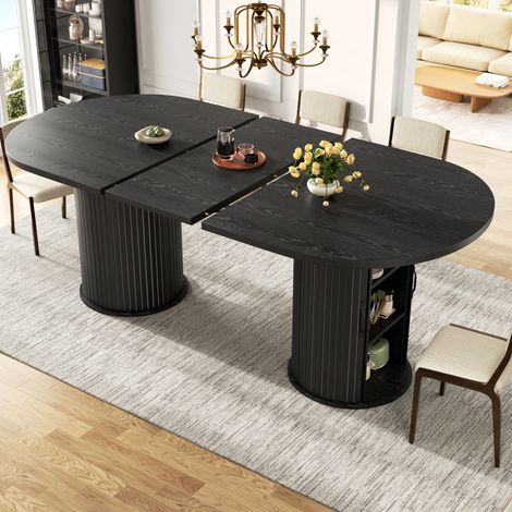 Table à manger extensible 149,8-189,7x80x75 cm, plateau ovale, rangement caché, mécanisme coulissant, structure MDF/métal, noir (1/5)