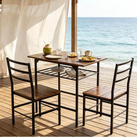 Ensemble repas compact avec table 80x50 cm et 2 chaises métalliques et panneaux de particules, aspect bois rustique et noir mat (1/5)