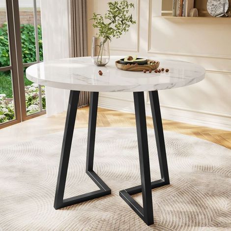Table à Manger plateau rond piètement en métal unique effet marbre moderne blanc et noir Table de Cuisine au design moderne (1/5)