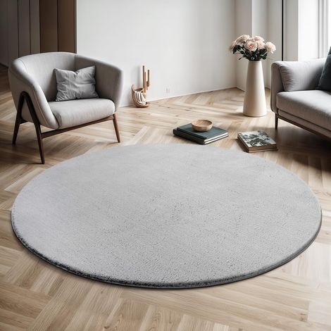 Tapis Moderne Moelleux à Poils Courts, antidérapant, Lavable Jusqu’à 30°C, Super Doux, Aspect Fourrure, pour Salon et Chambre, décoratif, Gris, 120 cm Rond (1/4)