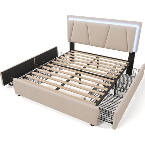 Cama tapizada 160x200 cm beige con LED, 4 cajones y cabecero ajustable HOMVRA (1/5)