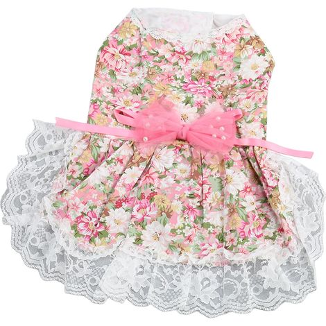 Robe pour chien rose XS, douce, respirante, mignonne et élégante, à fleurs et nœud papillon, idéale pour le quotidien, les mariages, les anniversaires et les fêtes. (1/5)