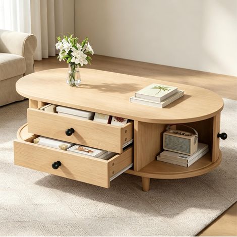 Runder Couchtisch mit Rolltüren, Heller Holz kaffeetisch mit 2 Schubladen, Beistelltisch, MDF Wohnzimmertisch, sofatisch mit Massivholzbeinen, 100×50×36cm, bis 50kg belastbar (1/5)