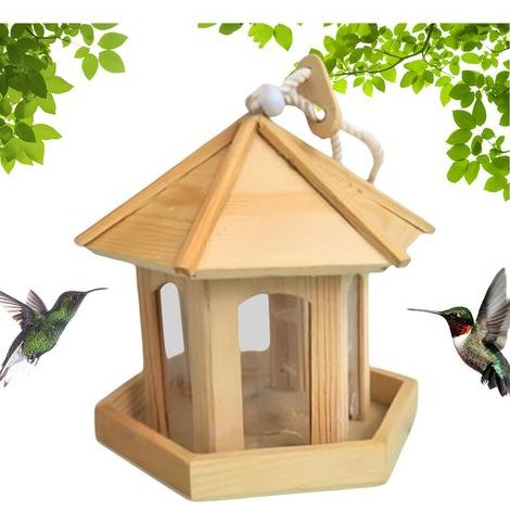 Sechseckiges Vogelfutterhaus, 20 x 19,5 cm. Leichtes und wetterfestes Holzdesign. Zum Aufhängen auf Veranda, Terrasse, Balkon, im Garten oder im Freien. Naturholz. (1/5)