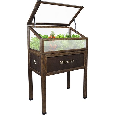 Mini invernadero Greenspot con cubierta para balcón y terraza 80x45x120 cm - Invernadero sobre plataforma de madera, bancal elevado de madera, marco frío con cubierta sobre patas altas, color palisand (1/5)