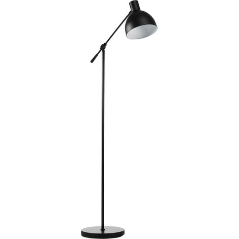 40-Watt-Stehlampe für das Wohnzimmer mit verstellbarer Höhe und Schwenkfunktion, schwarzem Lampenschirm, E27-Fassung und Fußschalter.