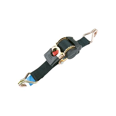 Cinghia a gancio per fissaggio. Con riavvolgimento automatico. 3 m x 25 mm. Gancio a J. Capacità 250 kg.