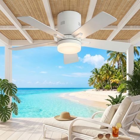 Ventilatore da Soffitto con Luce LED 42 Pollici 106 cm - Lampadario Ventilatore Silenzioso 5 Pale in Legno Massello, 6 Velocità, Telecomando, Funzione Estate/Inverno Reversibile - Bianco (1/5)