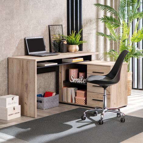 Scrivania Sapri, Angolare, 3 Ripiani, 3 Cassetti, 137.5x101.5x75h cm Marrone Rovere Scuro (1/5)