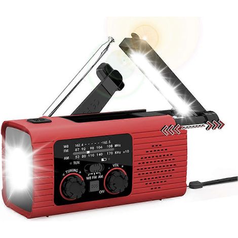 Radio d'urgence multifonction avec bandes AM/FM, à manivelle, rechargeable à l'énergie solaire, avec éclairage, pour la prévention des catastrophes (rouge) (1/5)