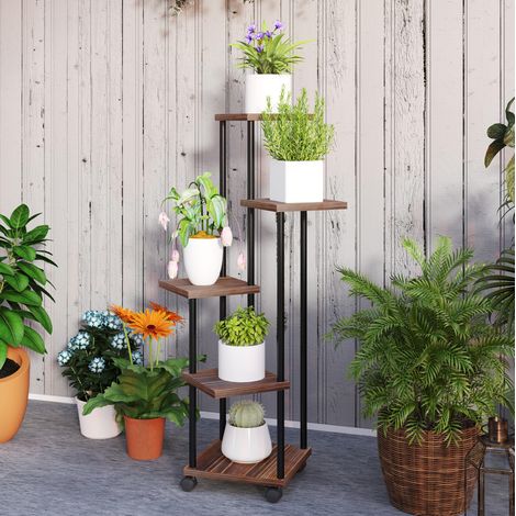MEUBLIV Étagère à plantes 59x59x110 cm noire – 5 niveaux sur roulettes et rangement (1/5)