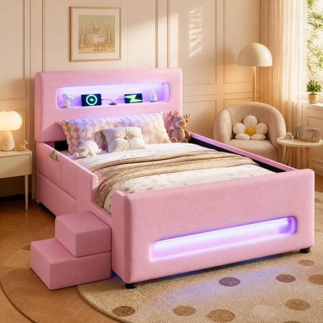 Cama infantil 90x200 cm de MDF y PU rosa, con almacenaje, sin colchón FloraGrace (1/5)