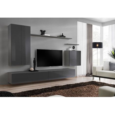 Ensemble mural - Switch XX - 1 vitrine LED - 1 banc TV - 1 étagère murale - Graphite - Livraison gratuite