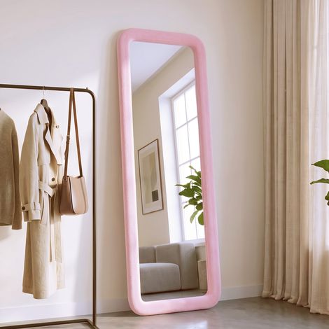 Miroir sur Pied 160x50 cm Vague en Flanelle Rembourrée, Miroir Intégral Mural Incassable HD Moderne, pour Chambre et Sal - Rose