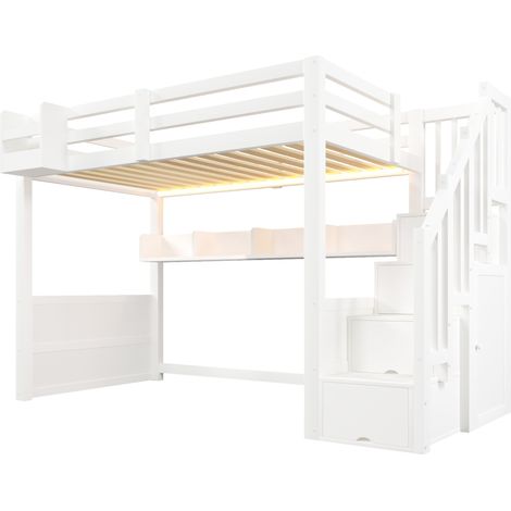 Letto a soppalco 90 x 200 cm in legno bianco con contenitori, scala contenitore e LED (1/5)