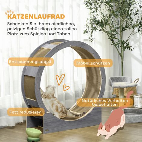 Roue de course pour chat 91 cm avec système de frein, griffoir intégré, tapis à griffer, pour chat actif et en pleine forme, couleur noyer (1/4)