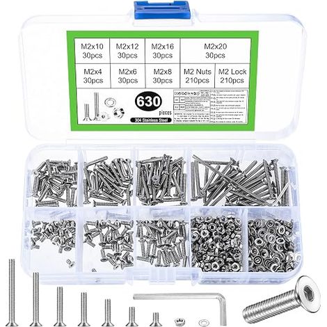 630 Pcs Screws M2, Bolts and Nuts Set, Flat Countersunk Head Screws with Hex Socket Washers, Stainless Steel Hexagon Cylinder Head Screws Assortment and Nuts and Washers (1/5)