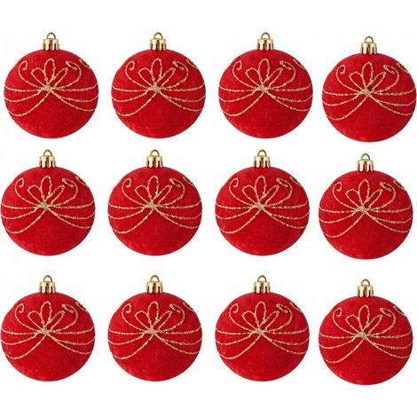 12 Palline per Albero di Natale 8 cm Velluto ROSSO con Decorazioni oro Palla sfera natalizia' addobbi rossi ghirlande Eleganti e particolari arredo casa e locali commerciali (1/5)