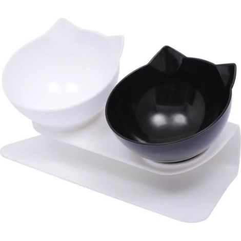 Double Bol de Chat Anti-dérapant avec Support en Plastique pour Les Chats et Petit Chien animaux chats chiens feeders, Noir + Blanc (1/4)