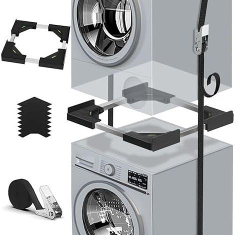 Kit de Superposition Universel pour Lave-linge et Sèche-linge (Noir) Cadre Intermédiaire Universel Réglable 45-68 cm, avec Corde à Cliquet, Tampons Anti-Vibration (1/5)