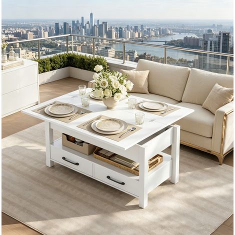 Table basse relevable extensible blanche avec plateau élévateur, 2 tiroirs, utilisable comme table à manger ou bureau d’appoint, 100 x 50,5 cm – CHICFURN (1/5)
