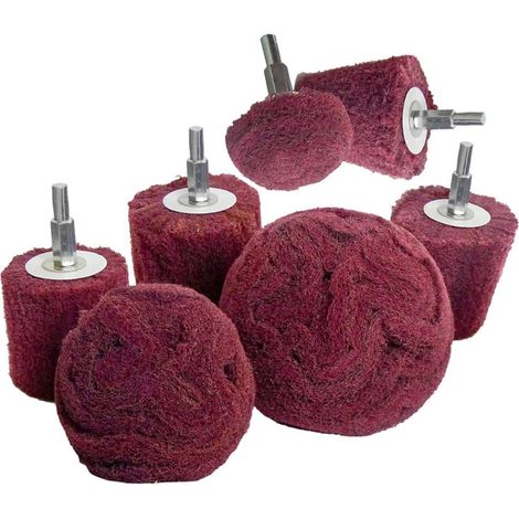 Zum Polieren (Bürsten) Kopfförmiges Scheuerpad – 7 Stück rotes Vlies-Bohrschleifmittel mit 1/4 Griff für Verteiler/Aluminium/Edelstahl/Chrom usw