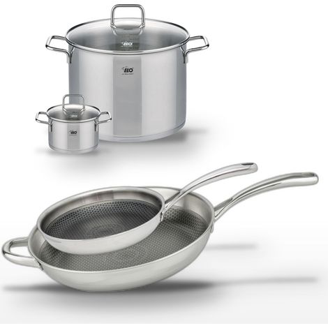 Lot de 2 Poêles 28/32cm en inox Elo Relief Evolution et 2 Faitouts 14/26cm (1/5)