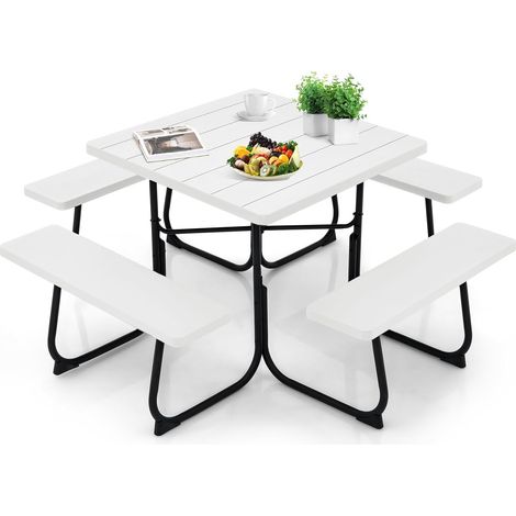 GOPLUS Table de Pique-Nique avec 4 Bancs Intégrés pour 4 à 8 Personnes, Table de Jadin en HDPE avec Trou pour Parasol, Table de Camping Carrée en Plein Air, Cadre en Métal, Capacité de 225KG (Blanc) (1/5)