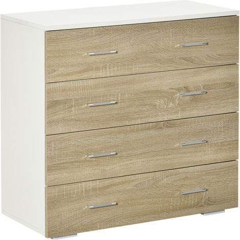 Cassettiera 4 Cassetti in Legno e Maniglie in Alluminio, 76x35x72cm, Bianco e Rovere