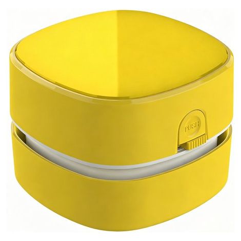 Aspirateur de table compact et jaune, fonctionnant avec des piles AA (piles non incluses), longue autonomie et tête de nettoyage rotative à 360°. (1/4)