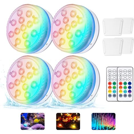 Lot de 4 éclairages de piscine à 13 LED RVB - Éclairage sous-marin - Accessoires pour jacuzzi avec télécommande, aimant, lampes de piscine IP68 - Étanche - Pour bassin, spa, baignoire, douche