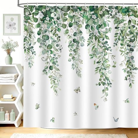 Rideau Douche Vert Sauge Eucalyptus Feuilles Fleurs Été 180x200cm (1/5)